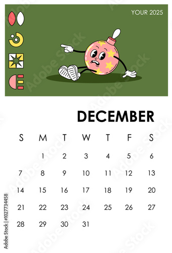 Calendar page 2025 December. Giftbox character. Winter season month. Planner and organizer. Scheduling and planning. Week and month. Poster or banner. Flat vector illustration