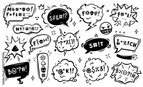 Comic speech bubbles of aggressive expletive curse and hate angry talk, cartoon vector. Bad words in speech bubble, explicit swear and rude language shout, aggressive emotions with exclamation signs