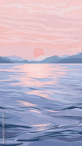 Stylized sunset over calm waters with mountains in the background and a pastel sky