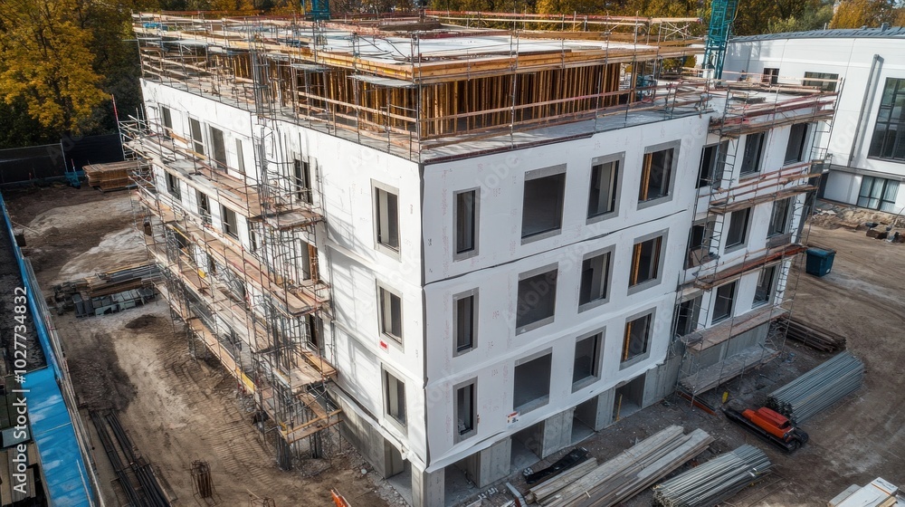 An aerial view of a new apartment building under construction with scaffolding, windows, and a white facade. An aerial view of a new apartment building under construction with scaffolding, windows, and a white facade.