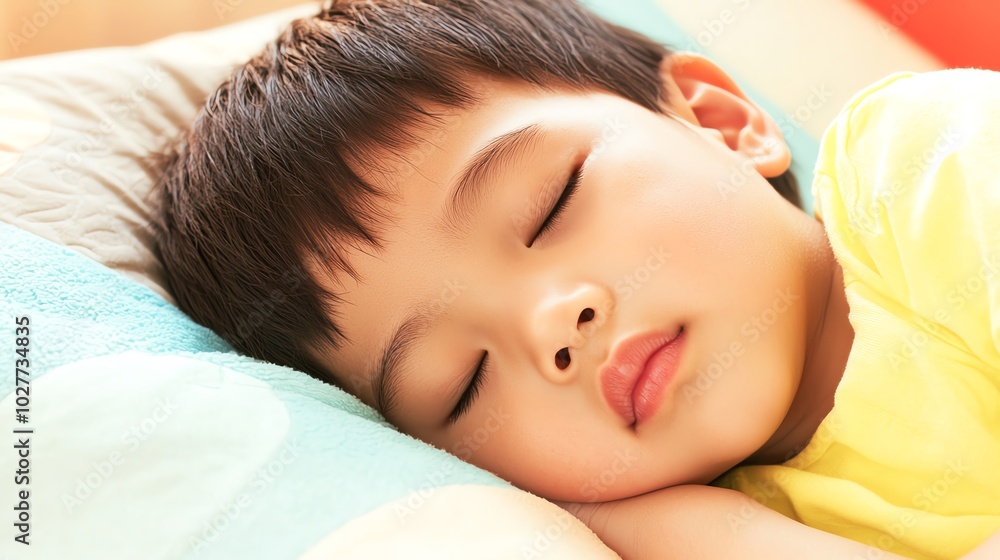 A peaceful sleeping child resting on a soft blanket, capturing the innocence and tranquility of childhood. A peaceful sleeping child resting on a soft blanket, capturing the innocence and tranquility of childhood.
