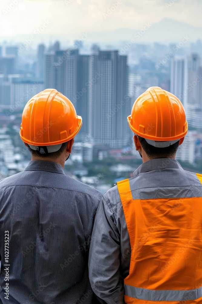 Two construction workers overlooking a city skyline, wearing safety helmets. Two construction workers overlooking a city skyline, wearing safety helmets.