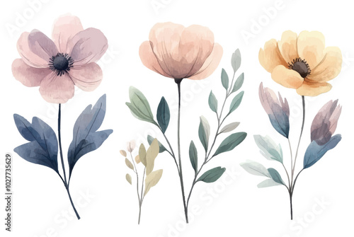 Pastel watercolor floral illustration, trio of wildflowers with leaves