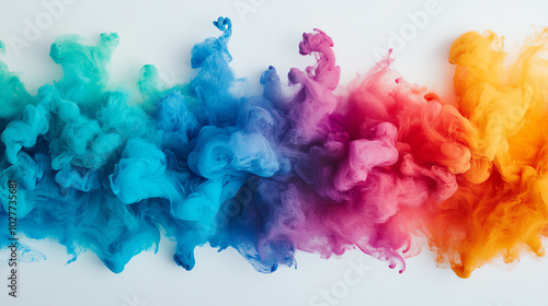 A vibrant wave of colorful smoke or ink swirling dramatically against a white background, showcasing striking shades of blue, pink, and orange for artistic and creative projects. photo