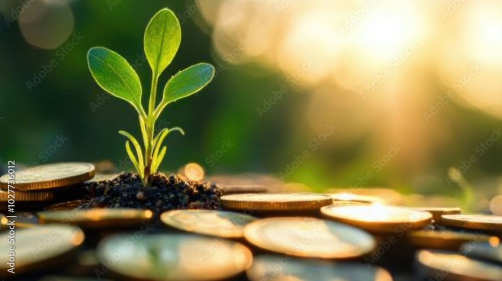 close-up of coins with a green sprout growing from them, symbolizing the nurturing of financial resources in a bright setting close-up of coins with a green sprout growing from them, symbolizing the nurturing of financial resources in a bright setting
