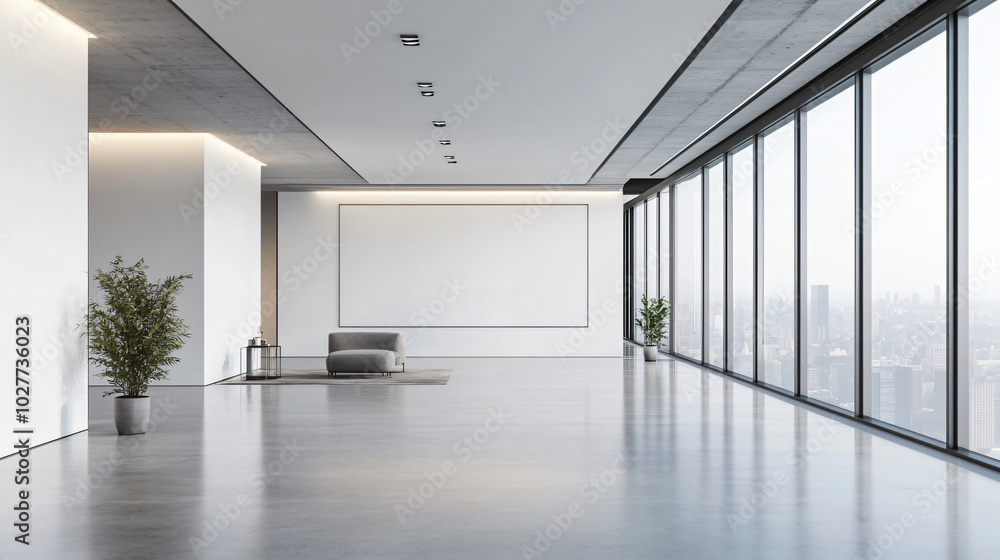 Naklejka premium A sleek, open-concept modern office space, devoid of furniture, featuring large floor-to-ceiling windows, minimalist white walls, and polished concrete floors., interior, room, floor, empty, window, h