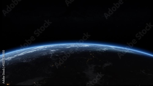 Planet Earth Orbit Horizon Rotation Loop Background with Stars and City Lights