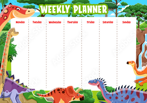 Weekly planner with funny cartoon dinosaur characters. Vector education timetable schedule template. School lesson time table or organizer frame for kids with dino animals in jungle forest landscape