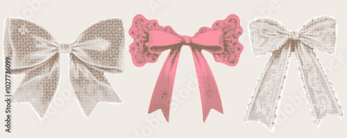 A set of three stylized, dotted bow illustrations in beige and pink, perfect for vintage or retro design elements.