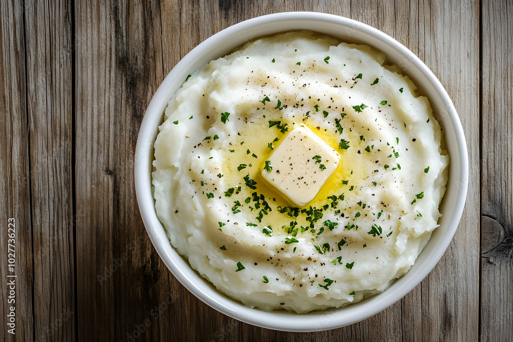 Mashed potatoes on a rustic wooden table with melting butter. Mashed potatoes on a rustic wooden table with melting butter.