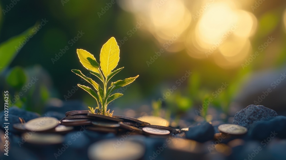 close-up of coins with a small green plant growing from them, representing financial growth and saving in a modern setting close-up of coins with a small green plant growing from them, representing financial growth and saving in a modern setting