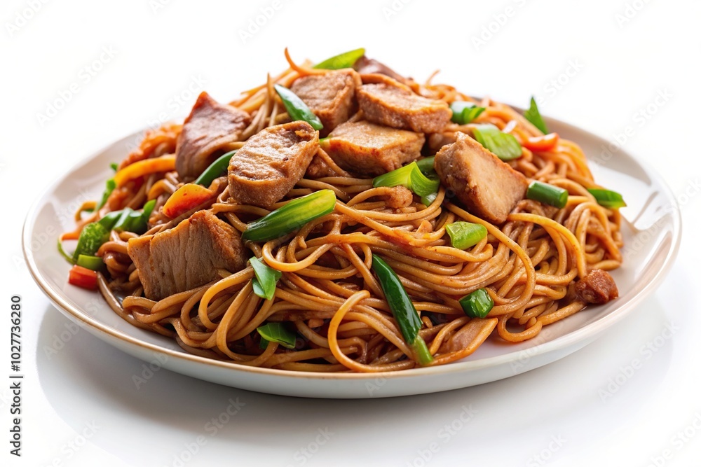 A plate of delicious fried noodles with tender pork meat on a clean white background featuring a unique Asian twist captured in a beautifully tilted angle, gourmet,fried noodles, delicious A plate of delicious fried noodles with tender pork meat on a clean white background featuring a unique Asian twist captured in a beautifully tilted angle, gourmet,fried noodles, delicious