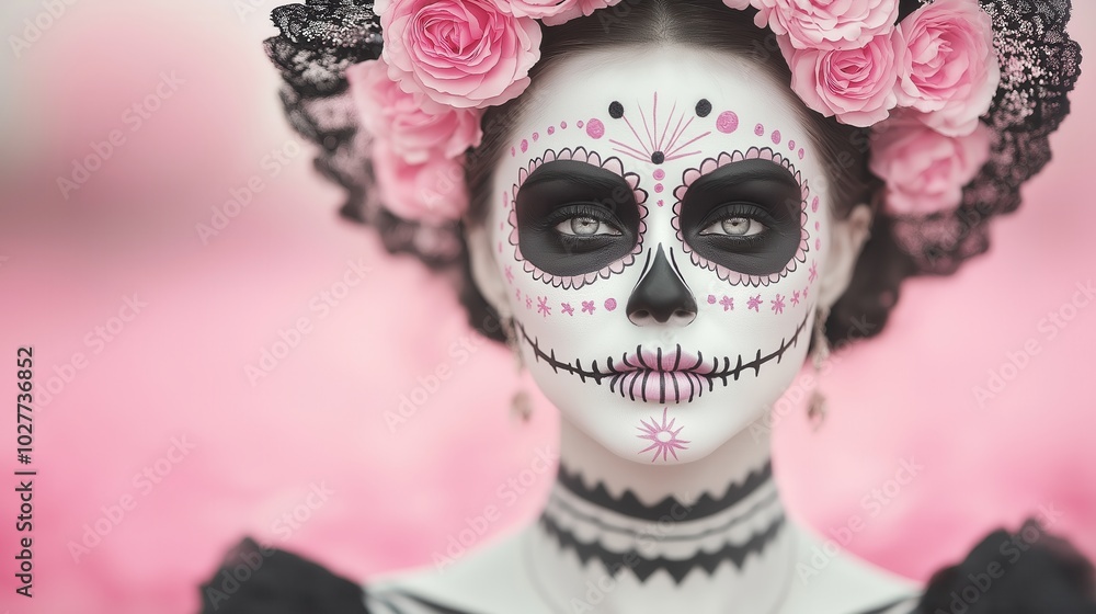 Close-up of a woman with traditional Day of the Dead face paint and flower crown. Intricate Dia de los Muertos Calavera makeup details and soft focus pink background. 8k Mexican cultural wallpaper Close-up of a woman with traditional Day of the Dead face paint and flower crown. Intricate Dia de los Muertos Calavera makeup details and soft focus pink background. 8k Mexican cultural wallpaper