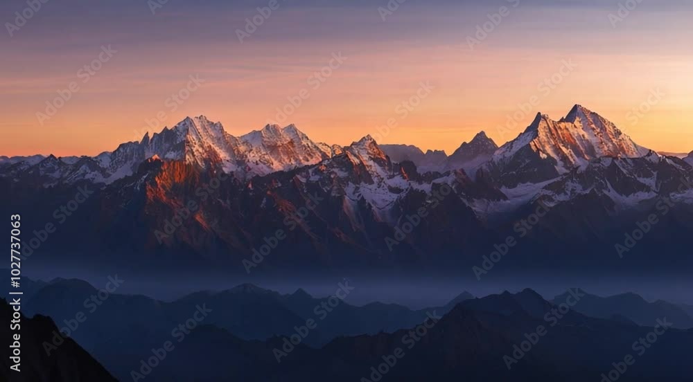 a vast mountain range at dawn, with the first rays of sunlight illuminating the snow-capped peaks. a vast mountain range at dawn, with the first rays of sunlight illuminating the snow-capped peaks.