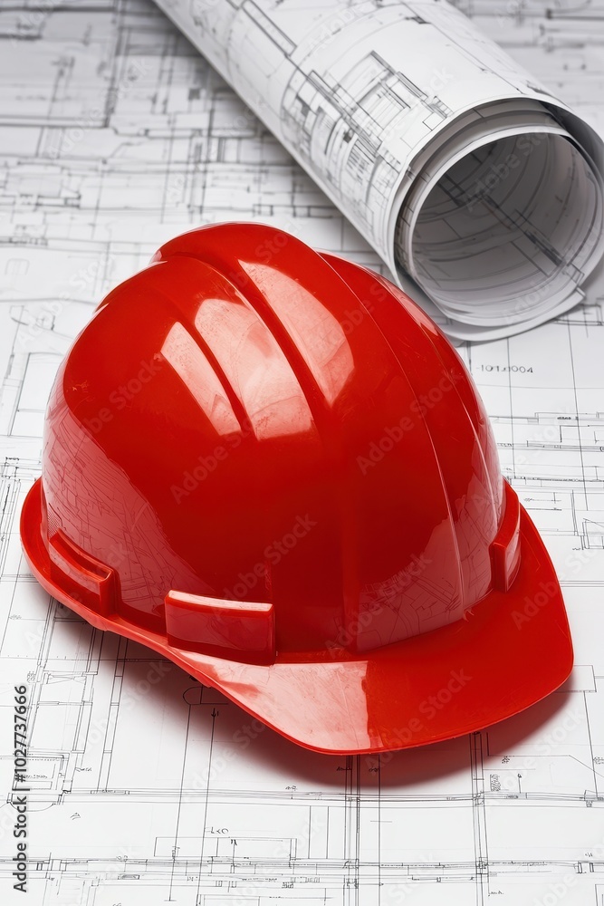 Red hard hat on architectural blueprints, white isolate background Red hard hat on architectural blueprints, white isolate background