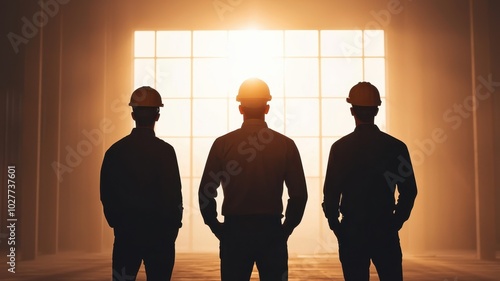 Three construction workers silhouetted against a bright window.