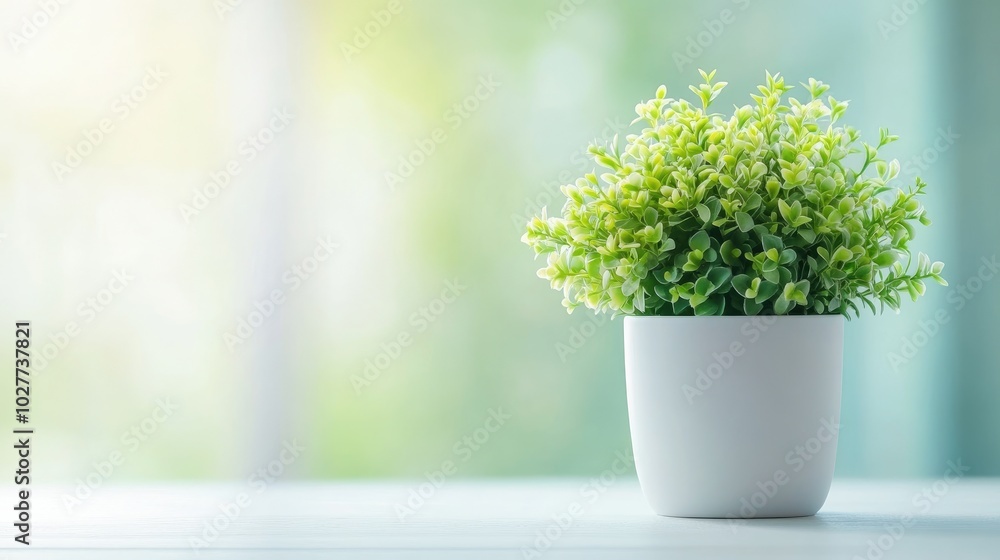 A fresh green plant in a small white flowerpot with a clean, soft-toned backdrop, representing serenity and simplicity A fresh green plant in a small white flowerpot with a clean, soft-toned backdrop, representing serenity and simplicity
