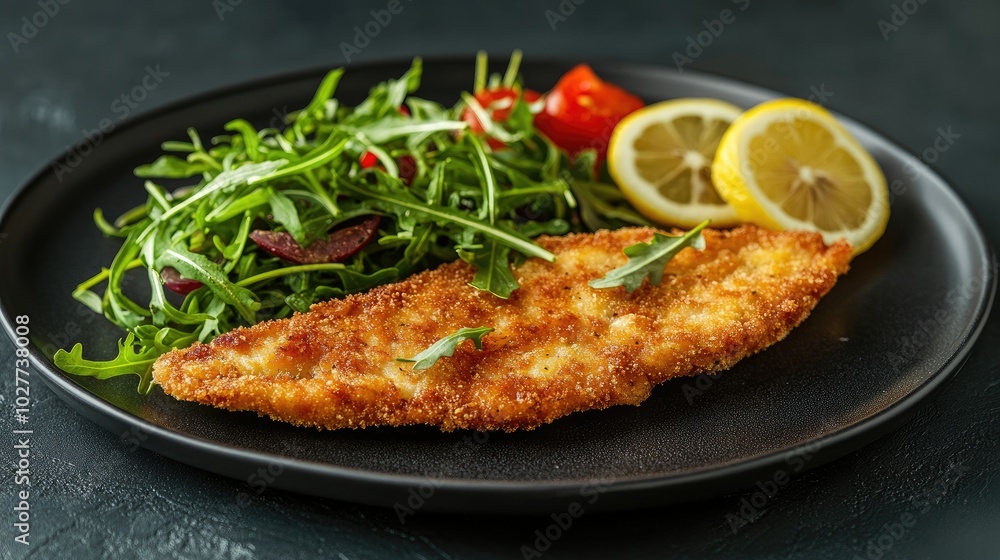 Crispy Fried Fish with Fresh Salad and Lemon Slices