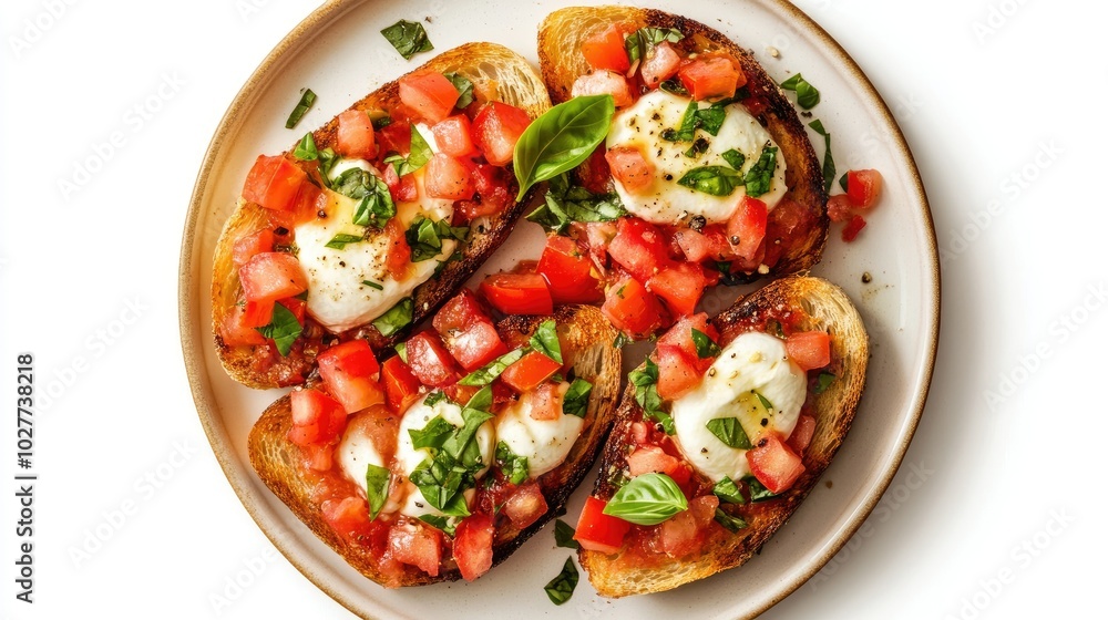 Fresh Bruschetta with Tomatoes and Basil on Plate Fresh Bruschetta with Tomatoes and Basil on Plate
