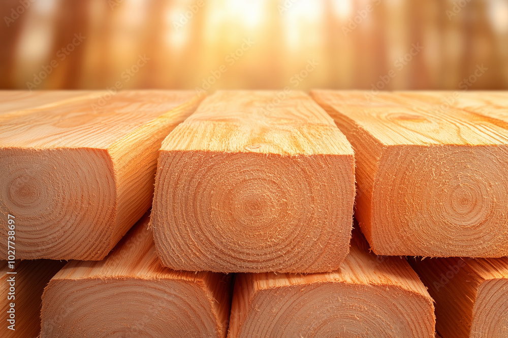 Stacked wooden planks in a sunlit workshop showcasing craftsmanship during golden hour Stacked wooden planks in a sunlit workshop showcasing craftsmanship during golden hour