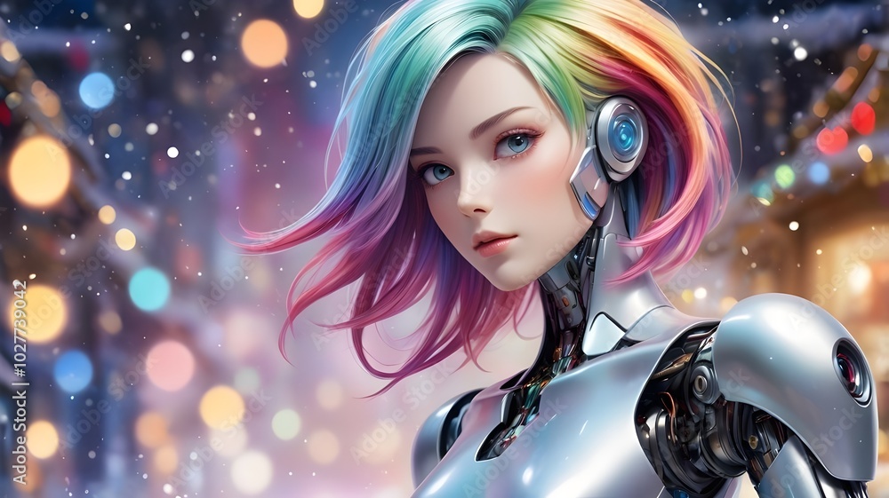 christmas holiday lights framing a futuristic android girl, portrait of a woman christmas holiday lights framing a futuristic android girl, portrait of a woman