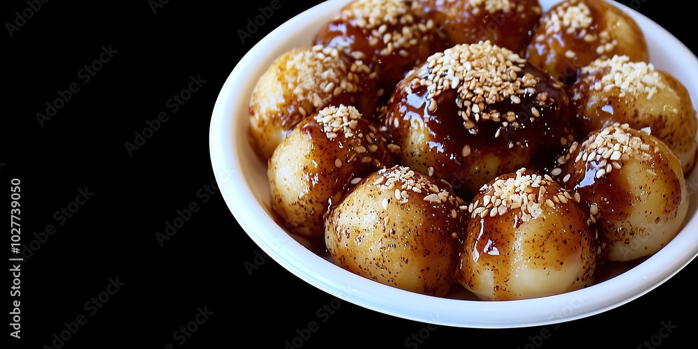 Closeup of mochi balls with sesame seeds sauce copy space food photography Closeup of mochi balls with sesame seeds sauce copy space food photography