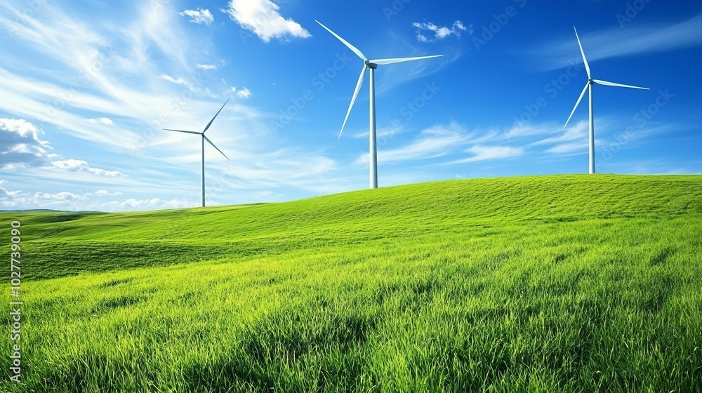 Wind turbines in a rolling landscape, generating clean energy, bright sunny day, environmentally sustainable technology, high-definition, eco-friendly concept, future energy solutions Wind turbines in a rolling landscape, generating clean energy, bright sunny day, environmentally sustainable technology, high-definition, eco-friendly concept, future energy solutions