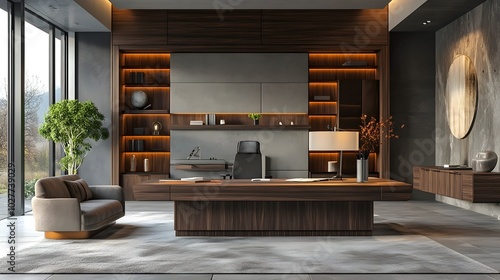 Wallpaper Mural A modern office interior with a large wooden desk, a leather chair, and a grey sofa. The room is decorated with plants and a large round mirror. Torontodigital.ca