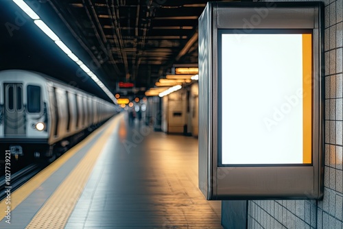 Empty subway station platform with a blank advertisement board and an approaching train, capturing urban transit dynamics. photo