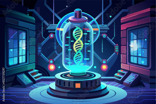 A 3D DNA molecule glowing within a technological pod, undergoing a process of genetic modification
