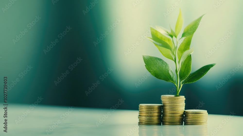 A green plant and a stack of coins arranged on a clean surface, symbolizing financial growth and the concept of saving A green plant and a stack of coins arranged on a clean surface, symbolizing financial growth and the concept of saving