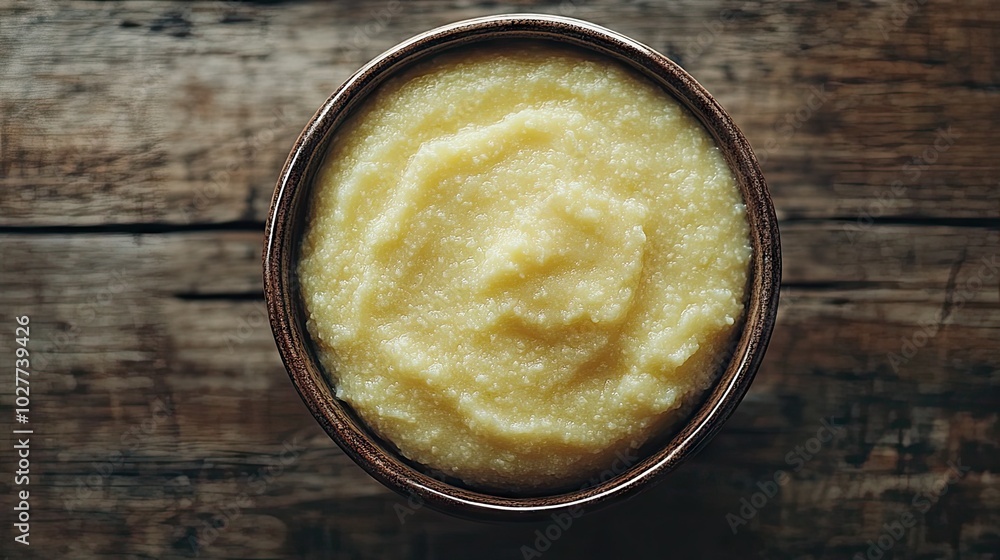 Creamy Polenta in Rustic Bowl on Wooden Table Creamy Polenta in Rustic Bowl on Wooden Table