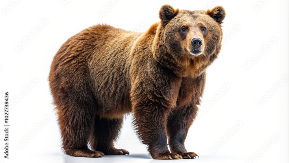 Fototapeta premium forest, carnivore, nature, isolated, alone, staring, white background, wild, fur, majestic, Big brown bear standing on a white background with its head turned slightly to the side