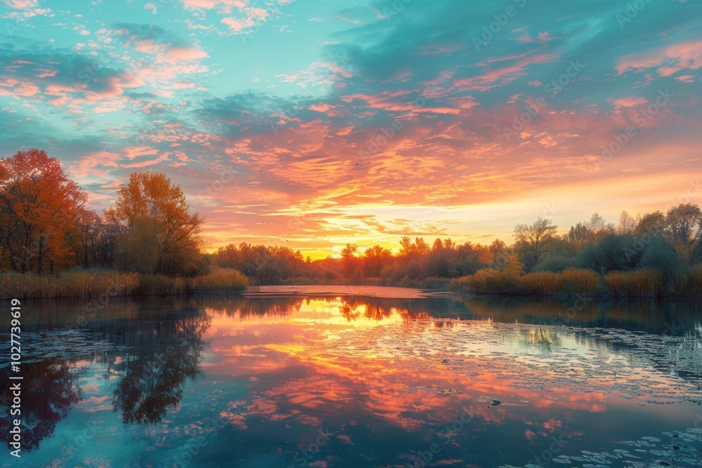 The sky glows with vibrant colors as the sun sets, casting a warm reflection on the tranquil lake surrounded by autumn foliage. Generative AI The sky glows with vibrant colors as the sun sets, casting a warm reflection on the tranquil lake surrounded by autumn foliage. Generative AI
