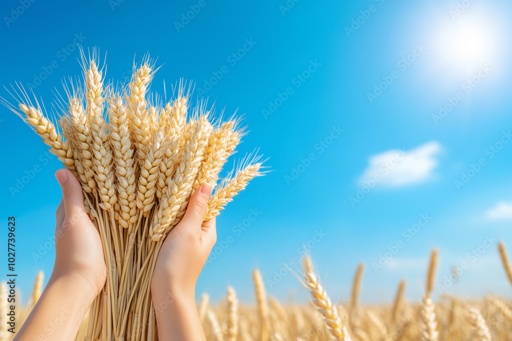 Fototapeta premium Hands holding a bundle of golden wheat against a bright blue sky during a sunny day in a wheat field