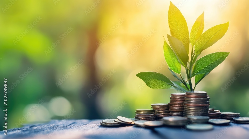 A green plant and coins arranged together on a bright surface, showcasing the nurturing of financial resources and the idea of saving A green plant and coins arranged together on a bright surface, showcasing the nurturing of financial resources and the idea of saving