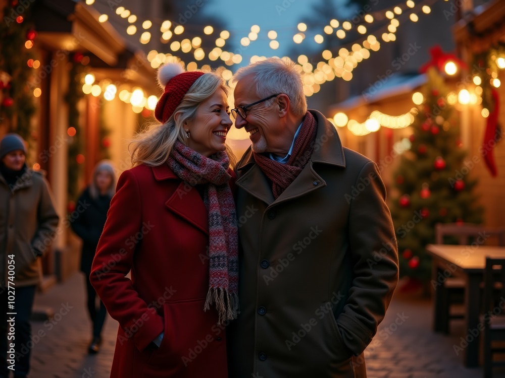 Couple enjoying a romantic evening stroll through a festive street decorated with warm holiday lights and Christmas trees at dusk Couple enjoying a romantic evening stroll through a festive street decorated with warm holiday lights and Christmas trees at dusk