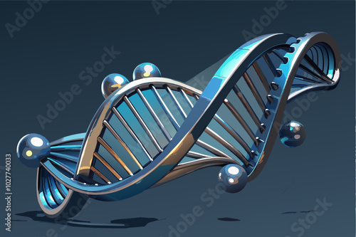 A 3D DNA molecule reimagined as a digital sculpture, with a sleek, metallic finish and intricate details
