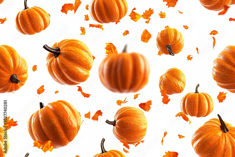 Floating pumpkins and autumn leaves on a white background. Fall-themed seamless pattern design. Floating pumpkins and autumn leaves on a white background. Fall-themed seamless pattern design.
