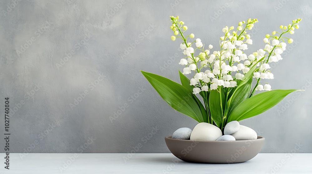 apanese Ikebana Style: A simple yet elegant ikebana arrangement with a few carefully placed lily of the valley stems, arranged with precision in a shallow ceramic bowl. apanese Ikebana Style: A simple yet elegant ikebana arrangement with a few carefully placed lily of the valley stems, arranged with precision in a shallow ceramic bowl.