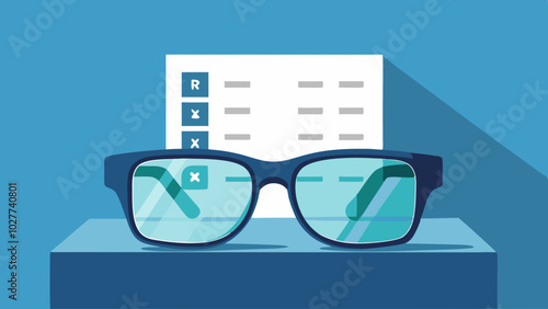Eyeglasses on a table with a vision check prescription sheet in a modern illustration
