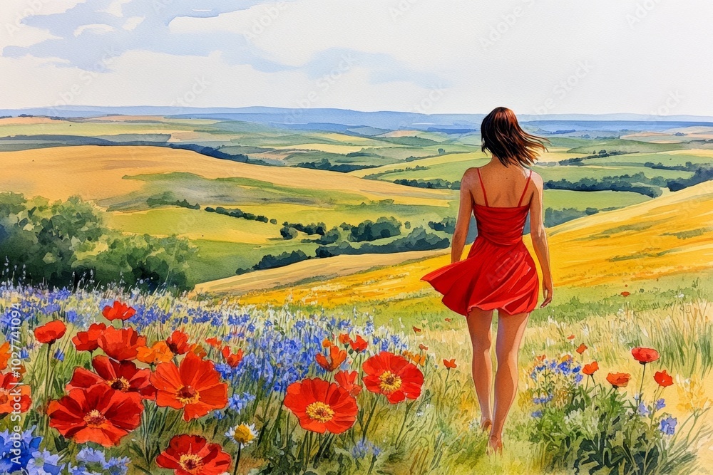Whimsical watercolor of a lady in a red sundress, walking through a field of wildflowers, with bright, vivid reds contrasting with the soft greens and yellows of the surrounding nature