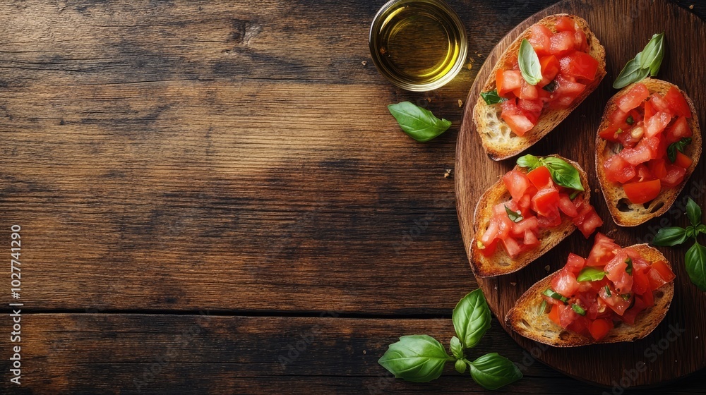 Fresh Bruschetta with Basil and Olive Oil on Wooden Board Fresh Bruschetta with Basil and Olive Oil on Wooden Board