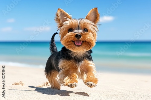 Yorkie running on the beach, with the wind blowing through its silky coat and paws kicking up sand, capturing its free-spirited and adventurous side