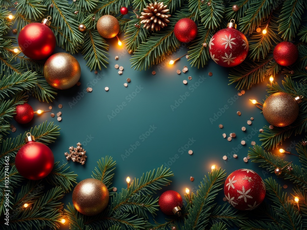 Naklejka premium Festive holiday decorations with red and gold ornaments surrounded by evergreen branches and twinkling lights