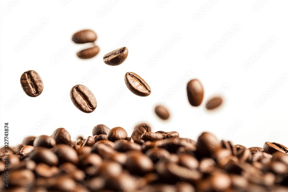 Close-up of roasted coffee beans falling onto a pile of coffee beans against a white background. Close-up of roasted coffee beans falling onto a pile of coffee beans against a white background.