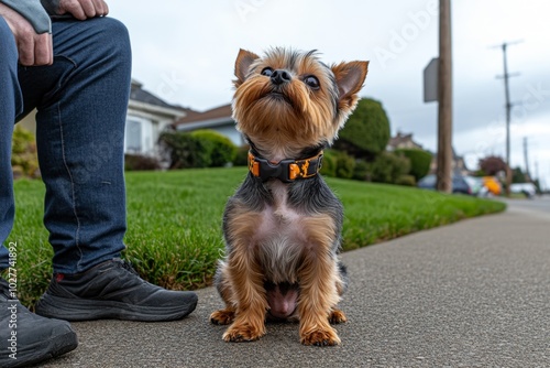 Yorkshire Terrier sitting obediently on a sidewalk, wearing a stylish collar, looking up at its owner for the next command during a training session photo