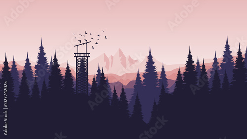 morning mountain view with pine forest silhouette flat design vector illustration good for presentation, advertising, ads, business, wallpaper, backdrop, background, and web banner
