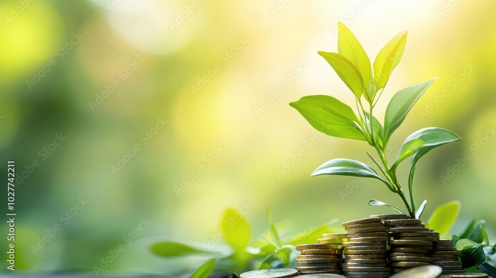 A green plant growing from a stack of coins with a bright, clean background, highlighting the concept of savings and investment A green plant growing from a stack of coins with a bright, clean background, highlighting the concept of savings and investment