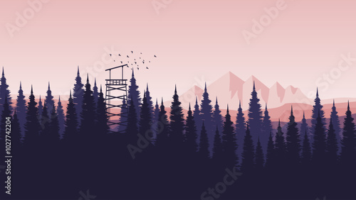 morning mountain view with pine forest silhouette flat design vector illustration good for presentation, advertising, ads, business, wallpaper, backdrop, background, and web banner